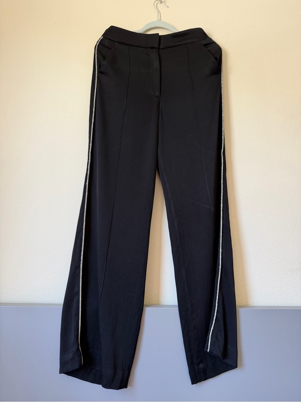 Veronica Beard Millicent Crystal Trim Black Wide Leg Pants Size 8